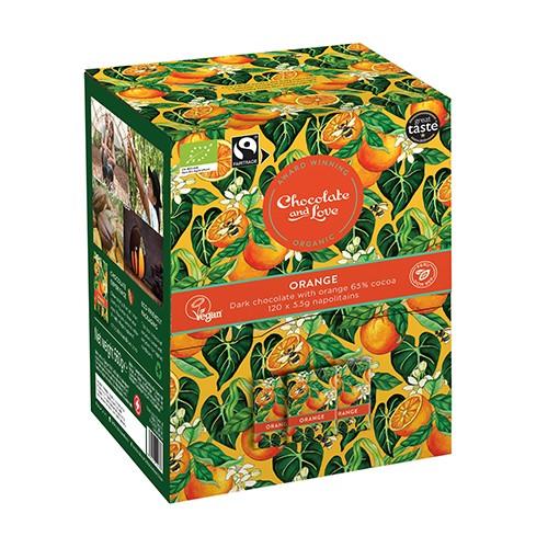 Orange Dispenser Box, 120 X 5.5g Chokolader. økologisk Mørk Chokolade   660 Gram     fra Chocolate And Love