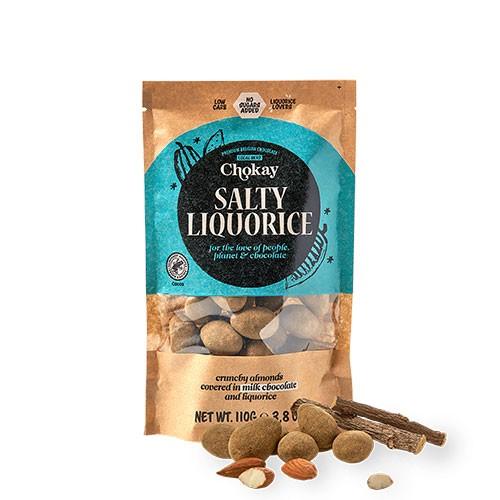 Snack Bite Salty Licorice Chocolate Almonds   110 Gram     fra Chokay