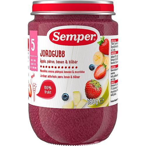 Frugtpure M Jordbær,æble,pære,banan & Blåbær 5 Mdr   190 Gram fra Semper