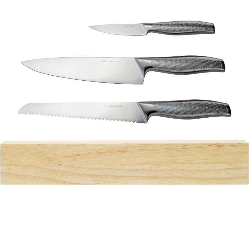 Knivsæt, 3 Knive + Magnetliste 30 Cm fra Essentials