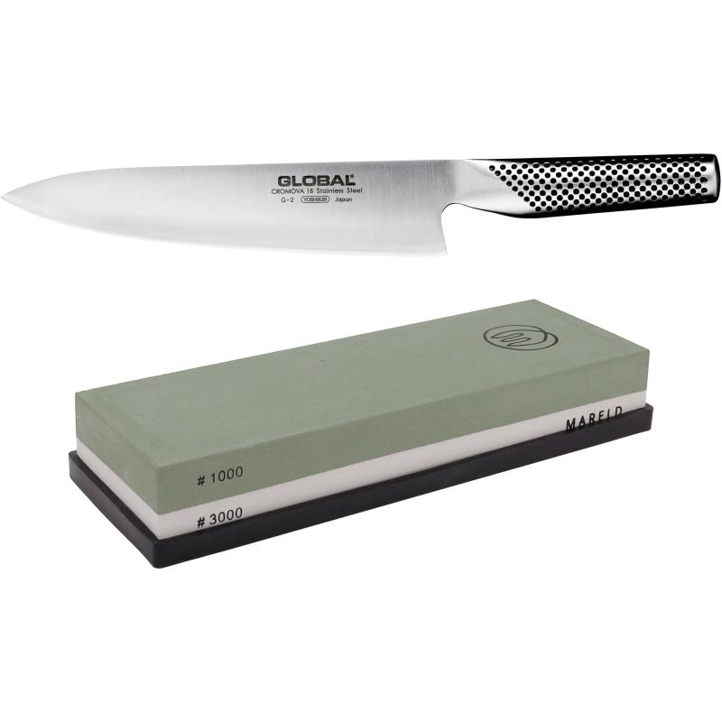 G 2 Kokkekniv 20 Cm + Mareld Slibesten 1000 3000 Grit fra Global