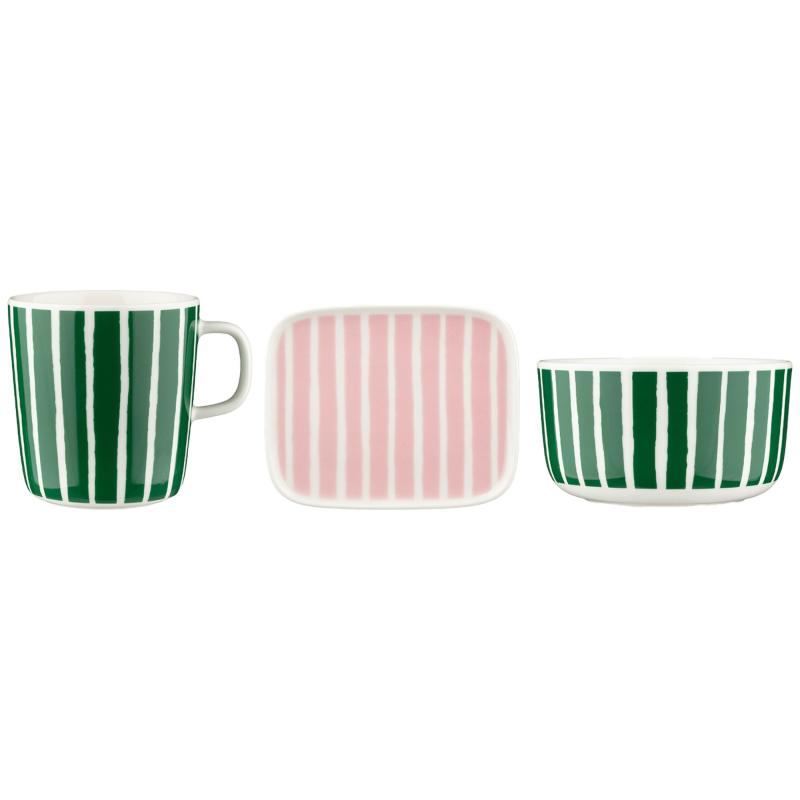 Piccolo Morgenmadssæt 3 Dele, Hvid Grøn Lyserød fra Marimekko