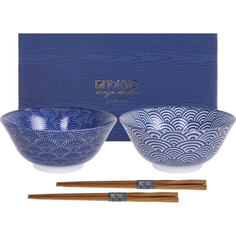 Nippon Blue Skålesæt + Spisepinde, Prikker Bølger fra Tokyo Design Studio
