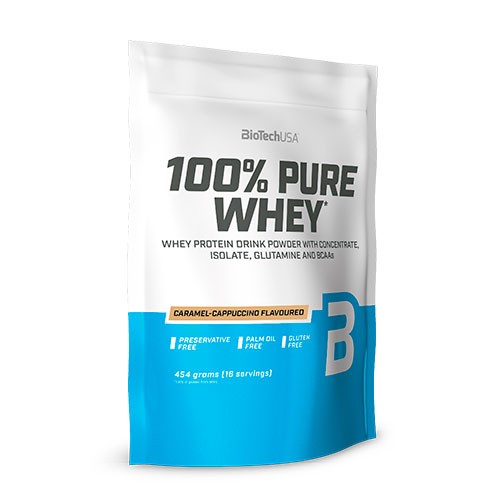 100% Pure Whey Protein Pulver Caramel Cappuccino   454 Gram fra Biotechusa